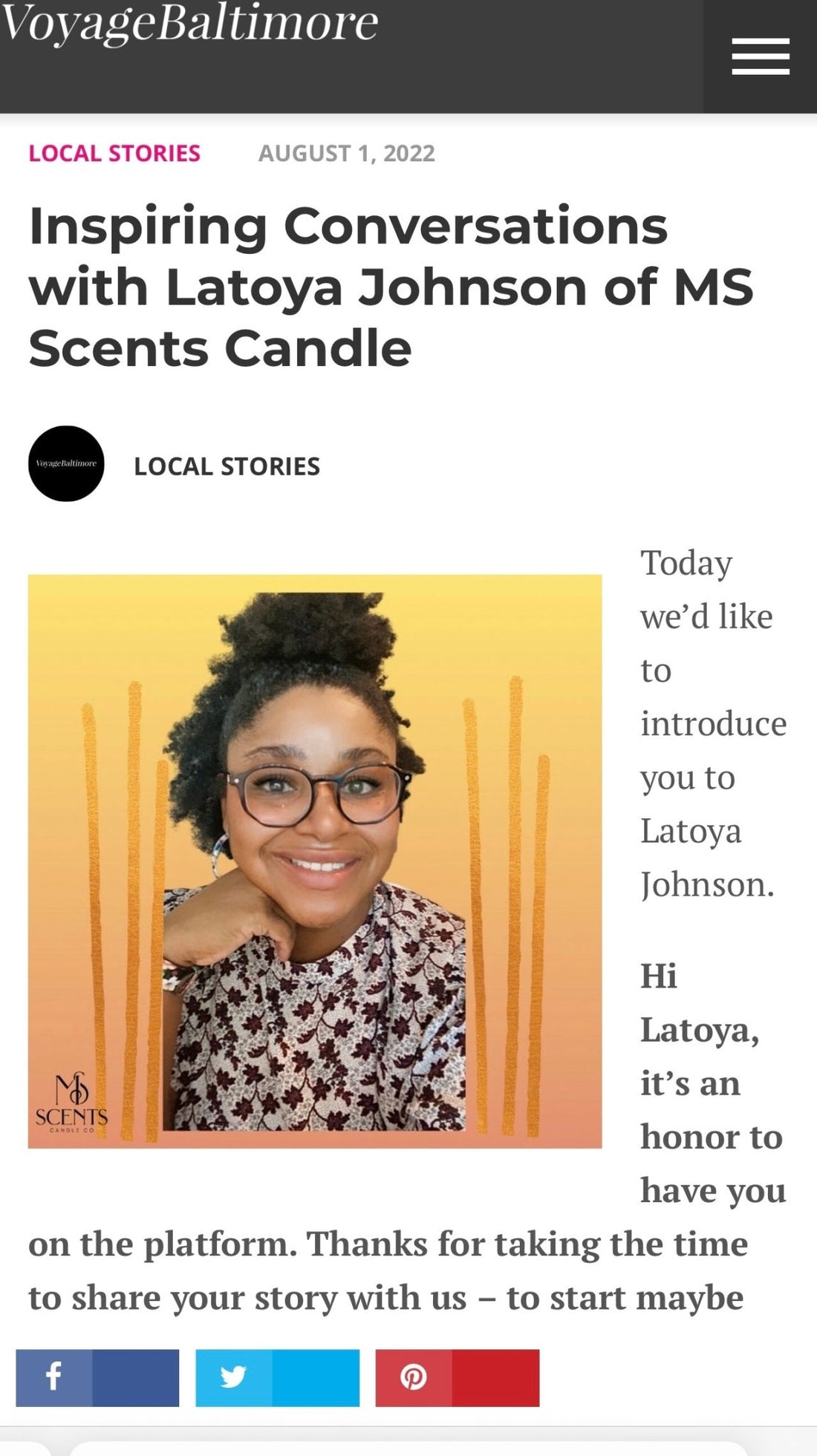 Interview with Voyage Baltimore Magazine - MS Scents Candle Co.
